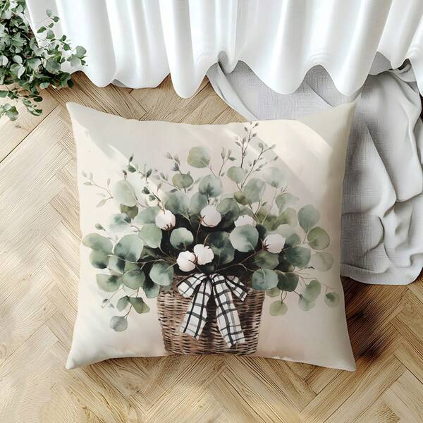 1pc Single-Sided Printed Pillow Sham, Vintage Eucalyptus Leaf Watercolor Style, 17.7*17.7in, Home Decor Cushion Cover Fits For Living Room Sofa Bedroom, Pillow Insert Not Included