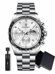 1pc Business Men's Stainless Steel Waterproof Luminous Quartz Watch With Date Display, Casual Men's Chronograph Wrist Watches For Men, Luxury Man Wristwatch Suitable For Work Occasion, Men's Gifts