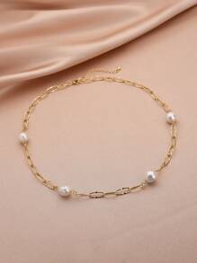 1pc 18K Gold Plated Natural Freshwater Pearl Necklace, Suitable For Women As Birthday, Mother's Day, Wedding, Party Gift - White - View 1