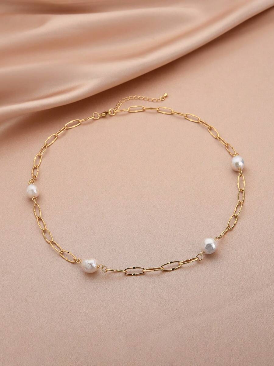 1pc 18K Gold Plated Natural Freshwater Pearl Necklace, Suitable For Women As Birthday, Mother's Day, Wedding, Party Gift - White - View 1