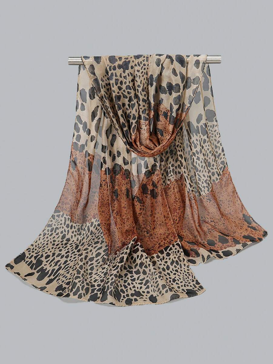 1 件春季新款时尚轻质女士雪纺花卉印花围巾，日常百搭中长款豹纹