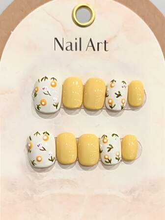 YADORNOS 10 件可爱黄色花朵装饰手工亚克力按压指甲短方形椭圆形假指甲春夏活力简约印花指甲全覆盖假指甲带果冻胶和指甲锉，DIY 美甲用品日常节日返校海滩必备