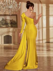 Applique Mesh Splice Long Sleeve Elegant Asymmetrical Neck Maxi Evening Dress With Train, For Women, Party Dress, Wedding Guest Dress, Formal Dress,Gown - Yellow - View 2