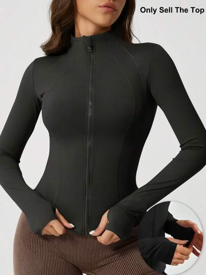 1pc Women's Elastic Fitted Ribbed Collar Sports Jacket, Black Yoga Outerwear