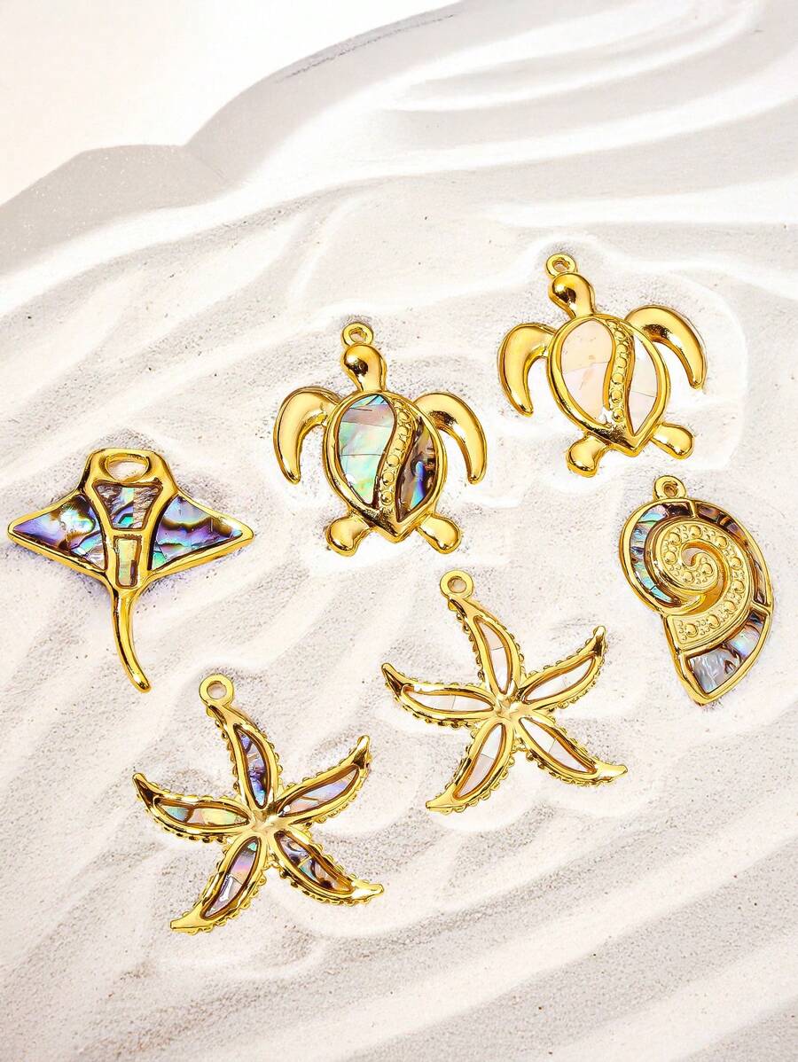Juego único de joyería marina de acero inoxidable chapado en oro para manualidades, incluye colgante de raya manta, estrella de mar, tortuga, concha (abulón o nácar) - Adecuado para pendientes, collares, pulseras, tobillleras - Vida marina - Ver 1