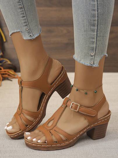 Fashion Roman Style Sandals For Women, New Summer Design With Strap Buckle, Casual Non-Slip Soft Bottom Chunky Heels