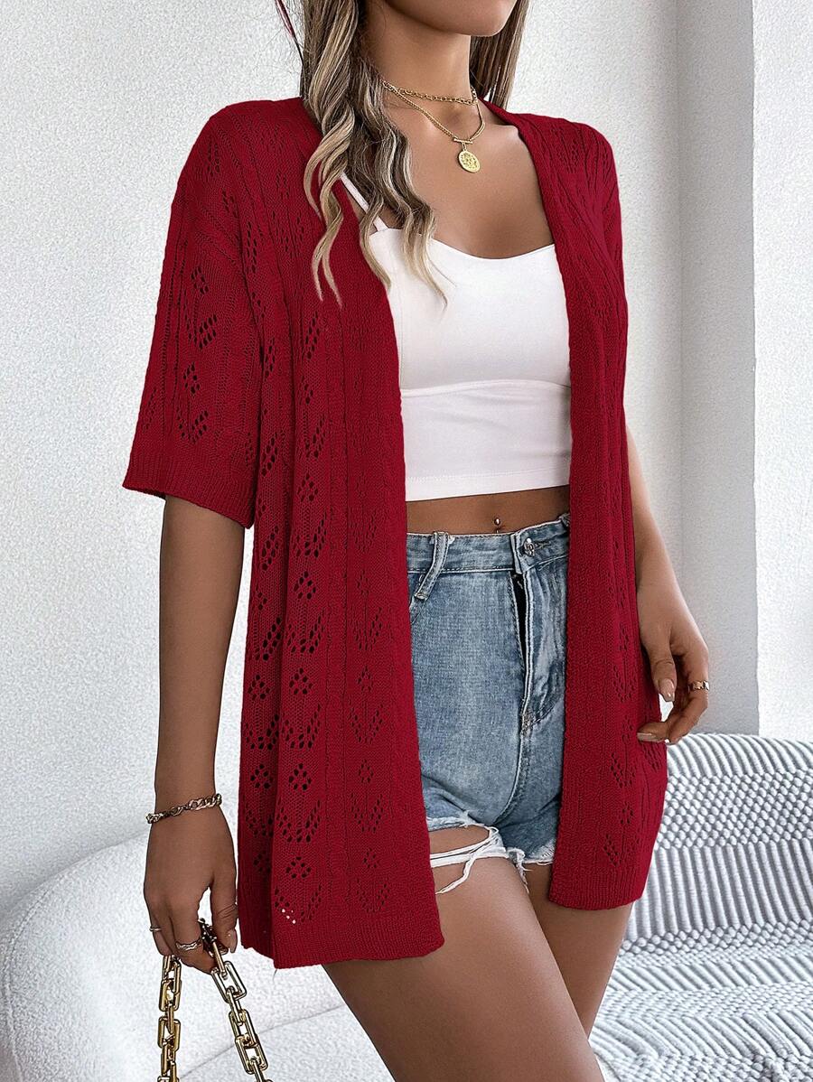 Lightweight Solid Color Hollow Out Knit Cardigan Sweater, Casual For Spring/Summer - 紅色 - 查看 1