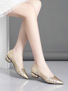 Women's Chunky Heel Pointed Toe Pumps With Floral Rhinestone & Mesh Decor, Mid Heel - Gold - View 4