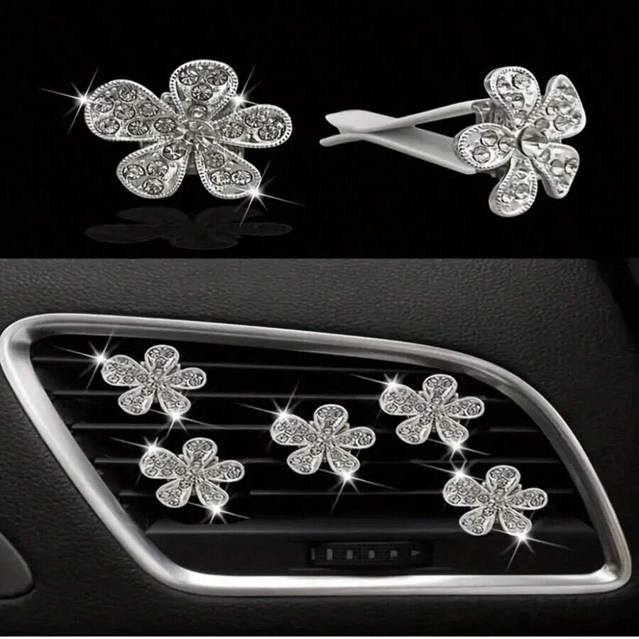 5pcs Crystal Diamond 5-Petal Flower Car Air Vent Clip, Elegant Car Decor