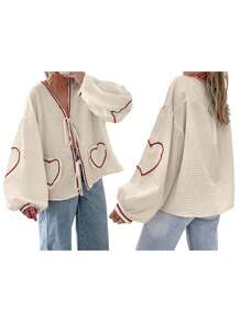 Women Long Sleeve Shirts Heart Embroidery Plaid Front Bowknot Tie-Up Blouses Fashion Spring Summer Casual Tops - Màu Khaki - Xem 2