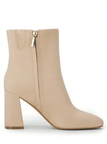 Women's Vegan Leather Faux Suede Block Heel Side Zip Fashionable Ankle Boots - Apricot - View 6