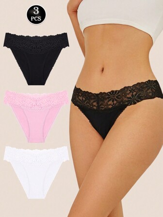 3 件套纯色蕾丝拼布无缝女式三角内裤