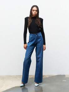 Women's Washed Denim Straight Jeans With Pearls For Office Women Outfits - Aquarius Blue - View 2