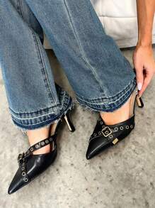 Mules Heels For Women Kitten Heel Sandals Pointed Toe Buckle Slip On Studded Pointed Stiletto Heels Party Dress Pumps - Black - View 1