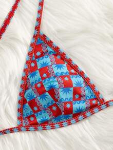 PEPPERMOLLY New Soft Grid Print Halter Tie Up Bikini Set, Women Fashionable Beach Swimwear, Red