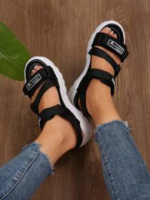 Casual Fashion Versatile Simple Hook And Loop Webbing Ladies' Sandals Women Thick Bottom Hook Loop Strap Sandals Fashion White Black With Sports Strap School Shoes, Beach Sandals - Black and White - View 5