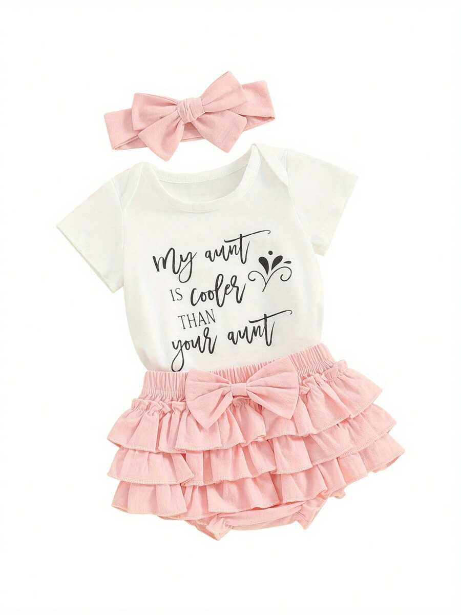 Newborn Baby Girl Auntie Outfits Letter Short Sleeve Romper T-Shirt Tops Tutu Skirt Shorts Set Summer Clothes - White - View 1