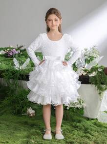 Tween 女童长袖亮片拼布多层荷叶边下摆蛋糕派对连衣裙 - 白色 - 查看 4