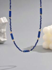 1pc Women Bohemian Braided Beaded Crystal Necklace - Royal Blue - View 5