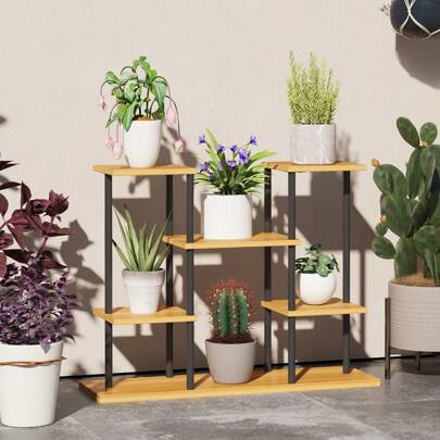 Outsunny Support plantes intérieur, étagère plante à 6 niveaux, cadre en acier base en bois massif, porte plante pour salon, balcon, jardin, bois naturel