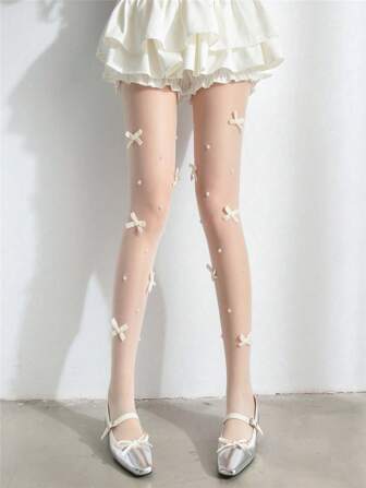 1双女士蝴蝶结珍珠装饰洛丽塔时尚连裤袜，适合日常穿着，适合体重低于132磅的女性