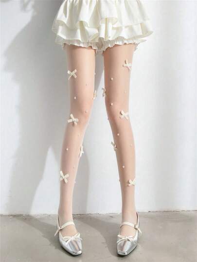 1 Pair Women Lolita Style Bow & Pearl Embellished Stirrup Tights, Street Style Campus Look, Suitable For Daily Wear - Fits Women Under 165 Lbs