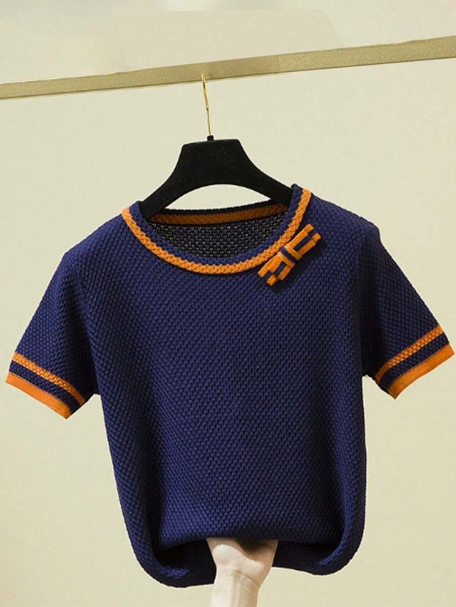 女士圆领短袖套头针织T恤上衣，春夏休闲款 - 藍色 - 查看 1