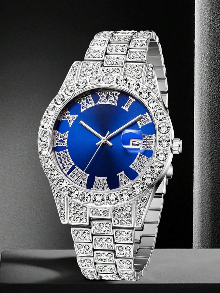 1件女士时尚奢华银合金表带手表，镶钻罗马数字表盘，石英机芯，适合日常佩戴和节日礼物 - 銀色 - 查看 1