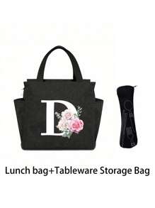2 pièces/Set Sacs isothermes imprimés avec lettres A-Z et boîte de rangement pour couverts, sac à lunch à double poche