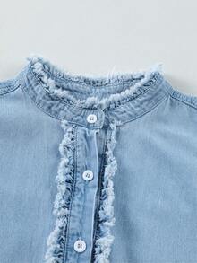 Acelitt Casual Solid Color Sleeveless Denim Crop Top With Ruffle & Fringe Trim - Blue - View 7