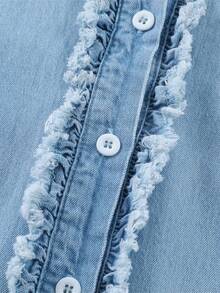 Acelitt Casual Solid Color Sleeveless Denim Crop Top With Ruffle & Fringe Trim - Blue - View 8