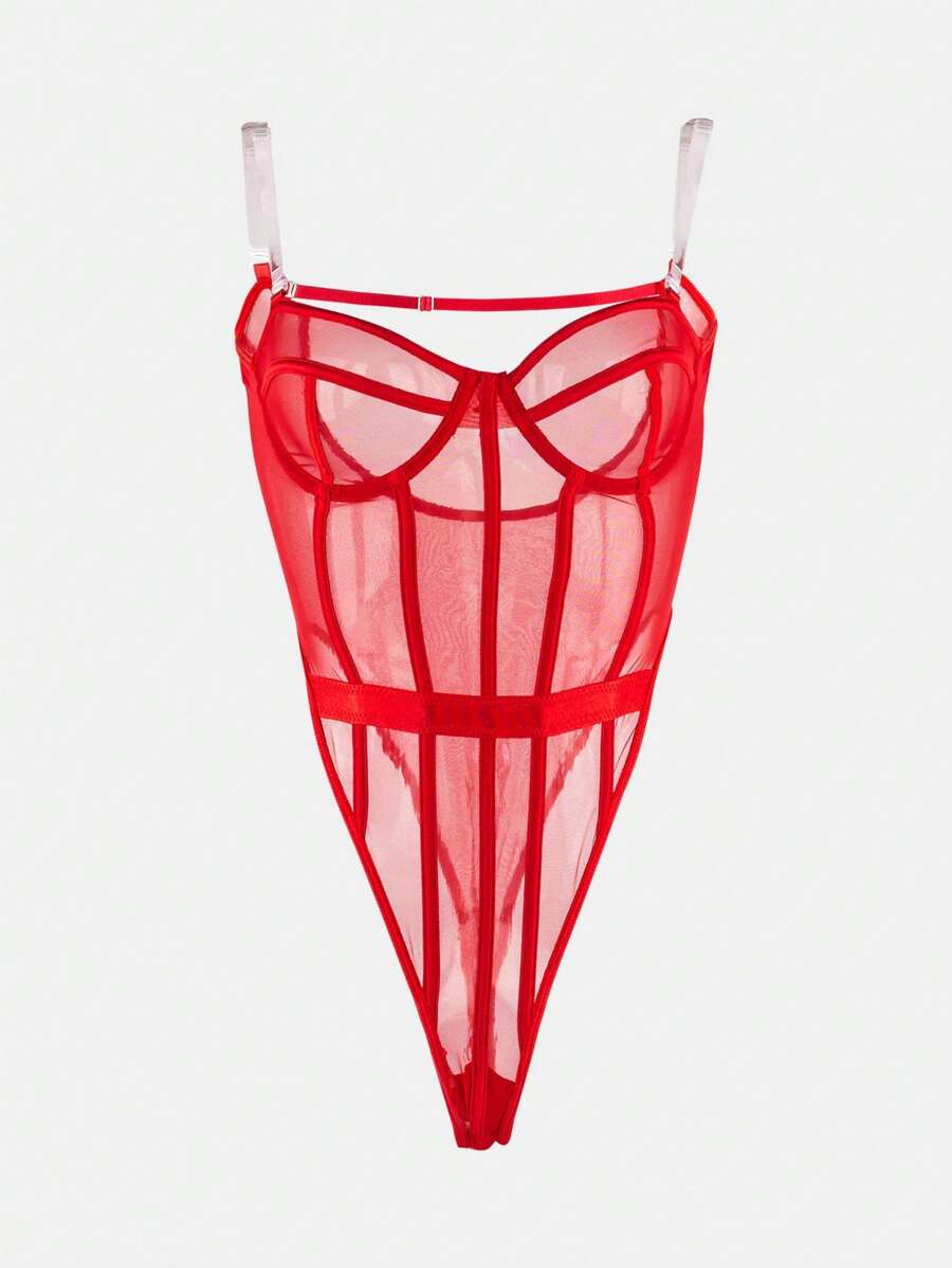 Sexy Lingerie Bodysuit Halter Porn Sheer Doll Red Transparent Backless - Red - View 1