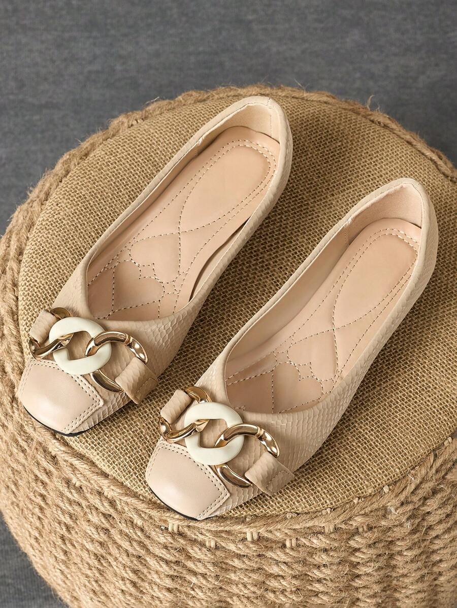 Women's Versatile Square Toe Loafers, Soft Sole Casual Flats, Fashion Metal Chain Decorated Elegant French Style Slip-On Shoes - Khaki - View 1