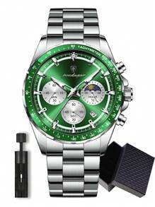 1pc Business Men's Stainless Steel Waterproof Luminous Quartz Watch With Date Display, Casual Men's Chronograph Wrist Watches For Men, Luxury Man Wristwatch Suitable For Work Occasion, Men's Gifts