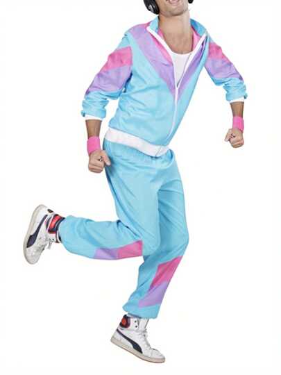 90s Hip Hop Costumes Outfits, Retro Tracksuit, Patchwork Long Sleeve Coat Long Pants, 80s Costumes For Men And Women