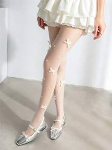 1 Pair Women's Bow & Pearl Decorated Lolita Fashion Tights, Suitable For Daily Wear, Fits Women Under 132lbs