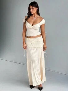 Bộ đồ mùa xuân/hè mới: Áo tank top cổ chữ V thắt nút kiểu Pháp, váy midi/chân váy xếp ly gợi cảm cho nữ, phong cách boho & bohemian thanh lịch. - Màu be - Xem 6