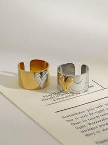 Minimalism Gold And Silver Color Large Heart Cocktail Ring Adjustable Y2k Heart Cuff Ring In Two-Tone Mixed Metals Jewelry - Gold - View 12