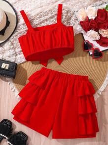 Cute Teenagers Girls Bowknot Camisole And Shorts Set, Suitable For Beach Vacation, Summer