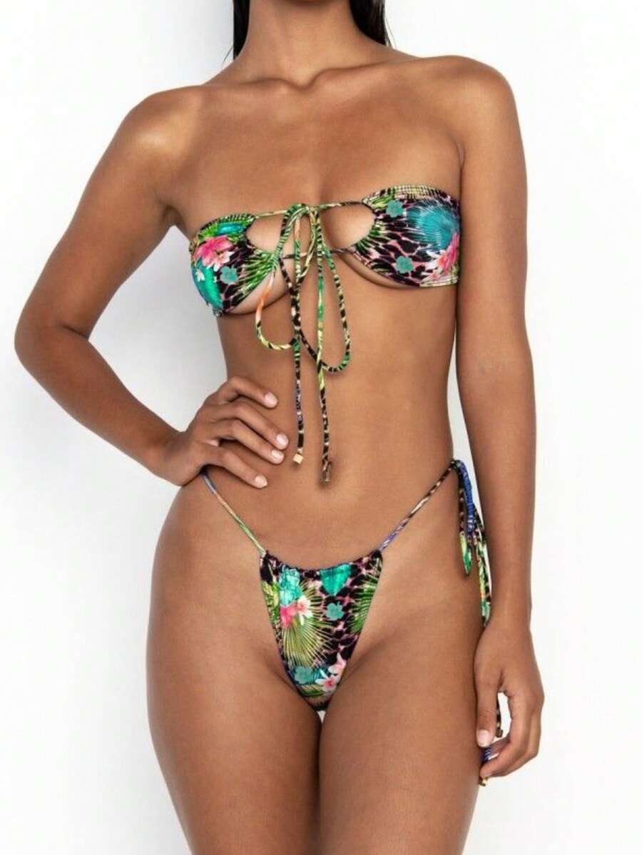 2025 New Sexy Tropical Print Halter Bikini With Drawstring - Multicolor - View 1