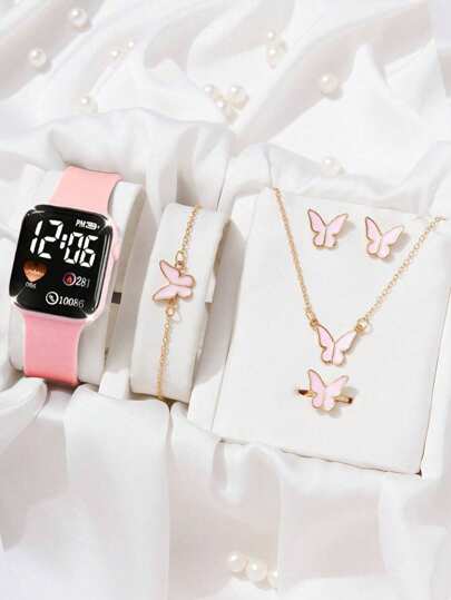 6 件/套，女孩卡通心形方形电子表和 5 条手链项链戒指耳环蝴蝶套装毕业礼物返校注意包装内不带盒子！