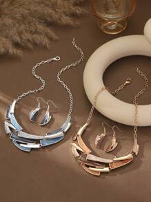 1 Set (2pcs) Bohemian Style Minimalist Elegant Khaki & Blue Dripping Oil Zinc Alloy Geometric Decorated Jewelry Set - Necklace & Earrings, Suitable For Women Daily Wear, Party, Holiday, Gift