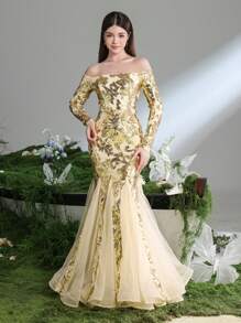 Vestito elegante da ragazza adolescente con spalle scoperte, maniche lunghe, per occasioni formali, con orlo a sirena in tulle ricamato - Champagne - Visualizzare 3
