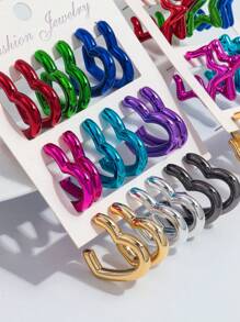 1 Set Of 9 Pairs Fashion Metal-Color Acrylic Asymmetrical C-Shape Hoop Earrings Set, Suitable For Daily Wearing For Women