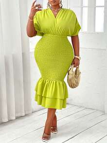 BIUBIU Plus Size V Neck Batwing Sleeve Surplice Neck Shirred Unitard Dress Shirred Double Layer Ruffle Hem Festival Vacation - Green - View 4