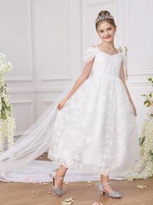 Abito da damigella d'onore per ragazze pre-adolescenti con mantella, morbido e ricamato, elegante abito bianco da cerimonia, comunione, compleanno e ballo