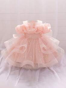 Baby Girls Shiny Mesh Princess Dress, Cute For Birthday Party, Celebration, Outdoor, No Hair Accessories Included