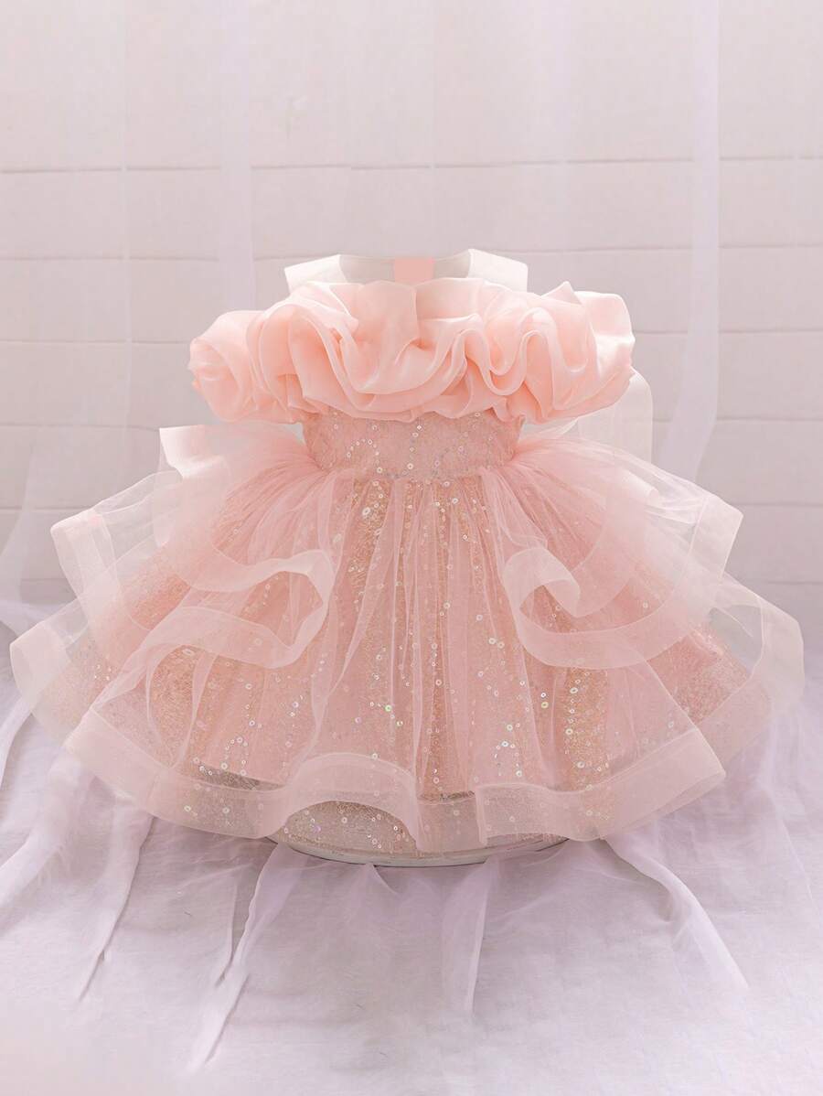 Baby Girls Sequin Mesh Gorgeous Cute Puff Princess Dress Suitable For Party, Without Headband - Pink - View 1