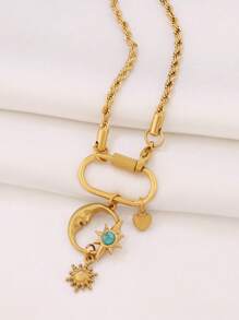 1 pieza Collar de mujer con colgante de luna y corazón, con hebilla de cierre de acero inoxidable, collar de cadena con dijes de flores, regalo del Día de San Valentín