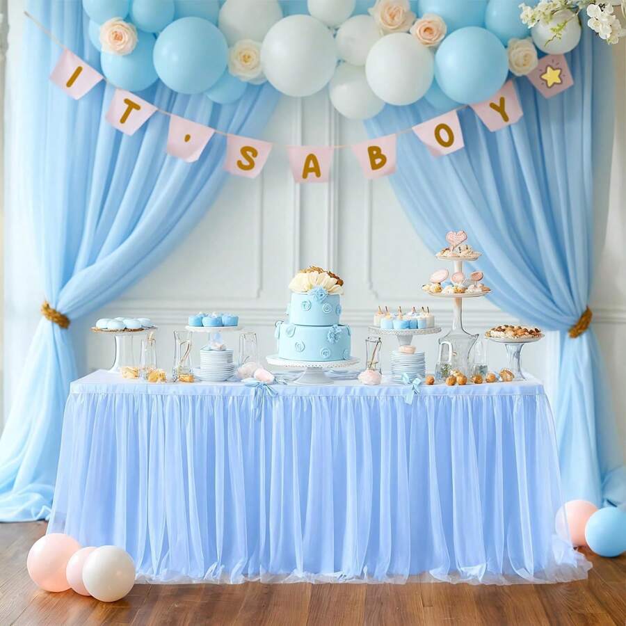1 Pc Pale Blue Sheer Ruched + Lining Tablecloth, Suitable For Rectangular And Round Tables - Perfect For Birthday Parties, Weddings, Bridal Showers, Cake Tables And All Celebration Events